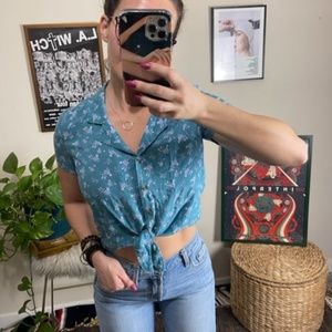 Aeropostle • Button Down, Tie-Front Camp Blouse • Blue Floral • S